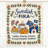 Eco-friendly kitchen cloth with Swedish Fika design, featuring coffee, pastries, a Dala horse holding a Swedish flag, and the text: Coffee. Pastries. Friends.