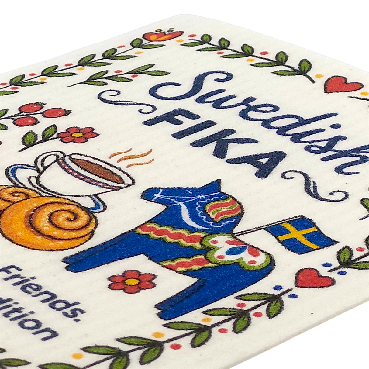 Swedish kitchen cloth featuring FIKA text, a red Dala horse, coffee cup, cinnamon roll, Swedish flag, and colorful flowers arranged in a playful pattern.