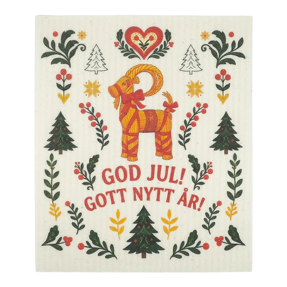 Scandinavian dishcloth with a red goat, green trees, red hearts, and floral motifs; text reads “God Jul! Gott Nytt År!”.