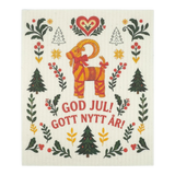 Scandinavian dishcloth with a red goat, green trees, red hearts, and floral motifs; text reads “God Jul! Gott Nytt År!”.