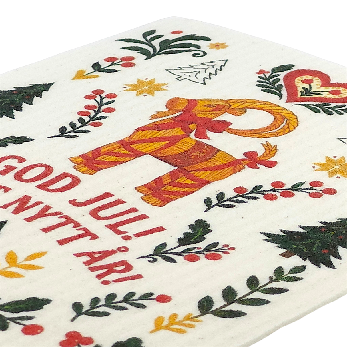 Card featuring a red and yellow Yule Goat, Christmas trees, hearts, stars, and the text “God Jul! Gott Nytt År!” on a light background.