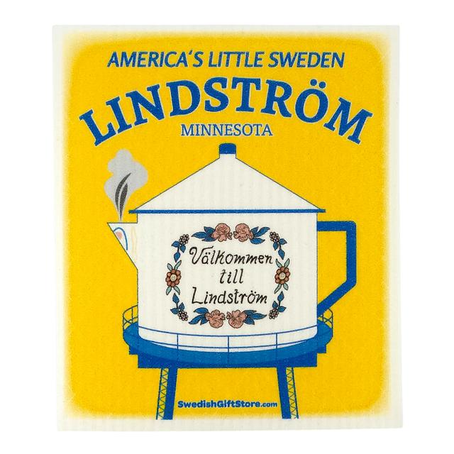 Eco-friendly kitchen cloth featuring a yellow sign with the Lindström teapot-shaped water tower and the Swedish phrase “Välkommen till Lindström.”.
