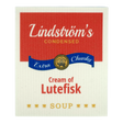 Soup can label with red, white, blue, and gold colors; text includes “Lindströms Condensed Extra Chunky Cream of Lutefisk Soup;” Swedish dishcloth-inspired design.
