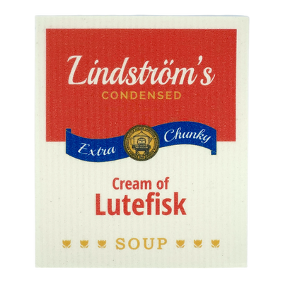 Soup can label with red, white, blue, and gold colors; text includes “Lindströms Condensed Extra Chunky Cream of Lutefisk Soup;” Swedish dishcloth-inspired design.