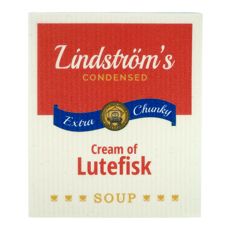 Soup can label with red, white, blue, and gold colors; text includes “Lindströms Condensed Extra Chunky Cream of Lutefisk Soup;” Swedish dishcloth-inspired design.