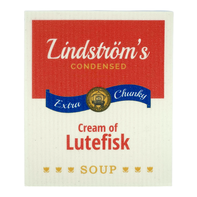 Soup can label with red, white, blue, and gold colors; text includes “Lindströms Condensed Extra Chunky Cream of Lutefisk Soup;” Swedish dishcloth-inspired design.