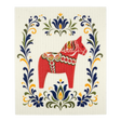 Swedish dishcloth featuring a red Dala horse with decorative patterns in the center, surrounded by blue, green, and yellow floral designs on a cream background.