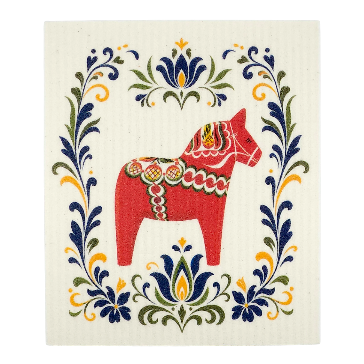Swedish dishcloth featuring a red Dala horse with decorative patterns in the center, surrounded by blue, green, and yellow floral designs on a cream background.