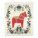Swedish dishcloth featuring a red Dala horse with decorative patterns in the center, surrounded by blue, green, and yellow floral designs on a cream background.
