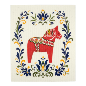 Swedish dishcloth featuring a red Dala horse with decorative patterns in the center, surrounded by blue, green, and yellow floral designs on a cream background.