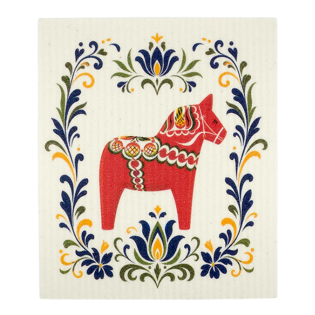 Swedish dishcloth featuring a red Dala horse with decorative patterns in the center, surrounded by blue, green, and yellow floral designs on a cream background.