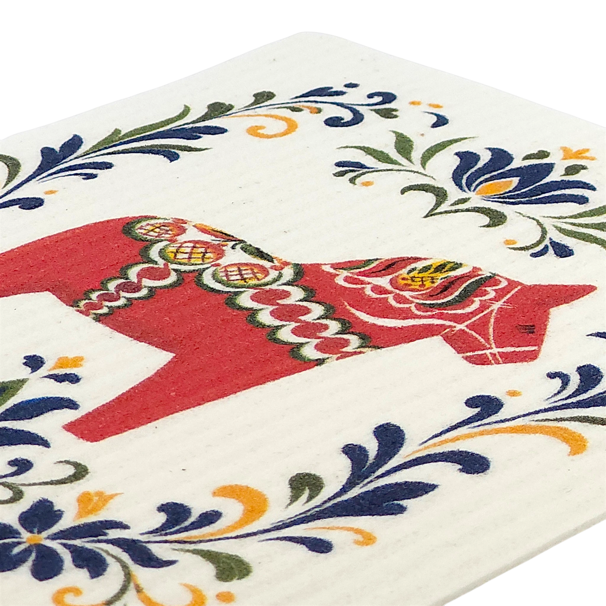 A red Dala horse with detailed patterns is surrounded by blue, yellow, and green floral designs on a white textured background.