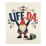 Swedish dishcloth with a gnome holding a UFF DA sign, spilled mug and coffee at his feet, surrounded by Scandinavian folk art patterns.
