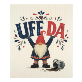 Swedish dishcloth with a gnome holding a UFF DA sign, spilled mug and coffee at his feet, surrounded by Scandinavian folk art patterns.