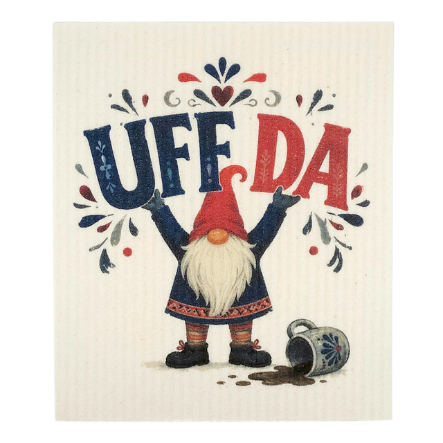 Swedish dishcloth with a gnome holding a UFF DA sign, spilled mug and coffee at his feet, surrounded by Scandinavian folk art patterns.