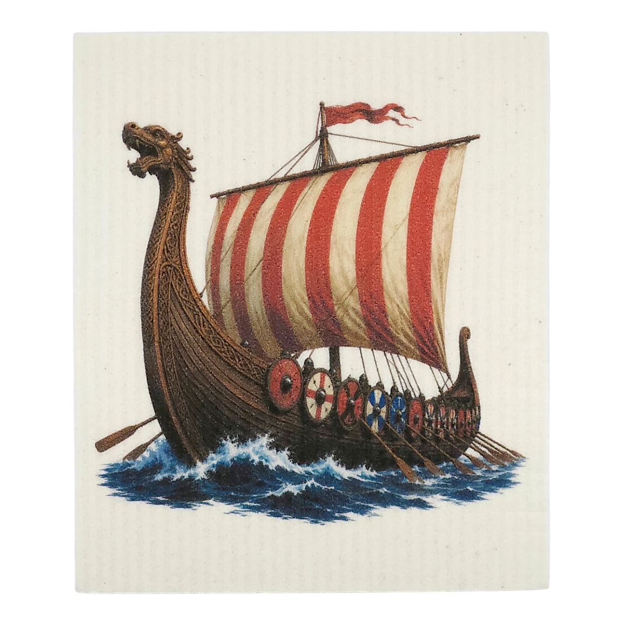 Swedish dishcloth showing a Viking longship with a dragon-headed prow, striped sail, round shields, oars, and blue waves.