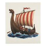 Swedish dishcloth showing a Viking longship with a dragon-headed prow, striped sail, round shields, oars, and blue waves.