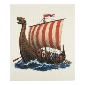 Swedish dishcloth showing a Viking longship with a dragon-headed prow, striped sail, round shields, oars, and blue waves.