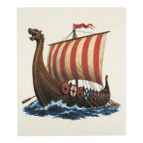 Swedish dishcloth showing a Viking longship with a dragon-headed prow, striped sail, round shields, oars, and blue waves.