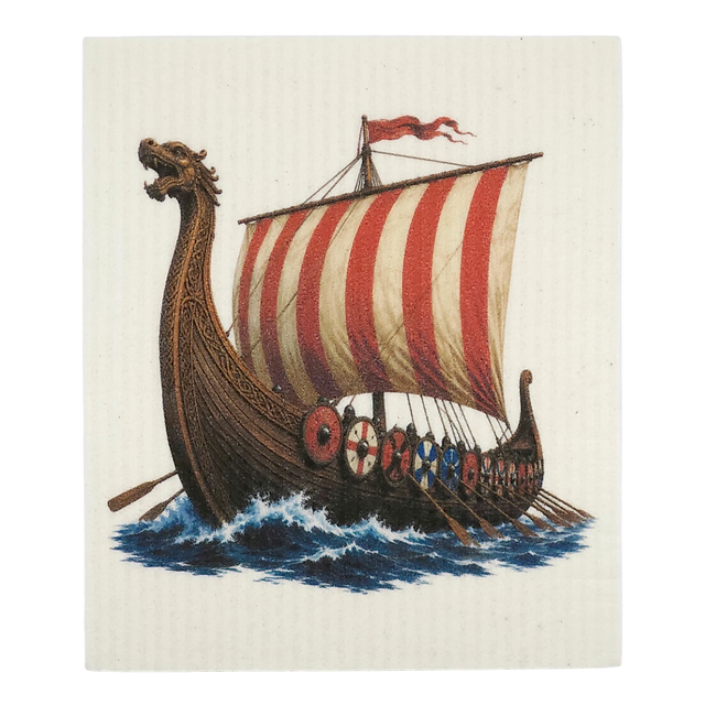 Swedish dishcloth showing a Viking longship with a dragon-headed prow, striped sail, round shields, oars, and blue waves.