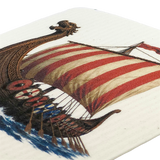 Swedish dishcloth featuring a Viking longship with a red and white striped sail, dragon-shaped prow, round shields along the side, and oars.