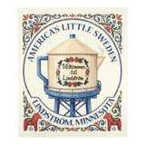 Swedish-style dishcloth featuring a water tower with “Välkommen till Lindström,” floral patterns, and “Americas Little Sweden” text.