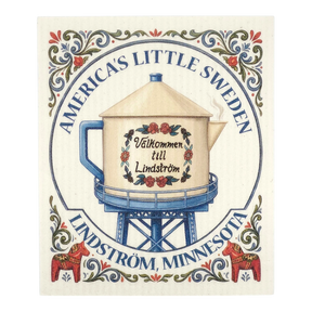 Swedish-style dishcloth featuring a water tower with “Välkommen till Lindström,” floral patterns, and “Americas Little Sweden” text.