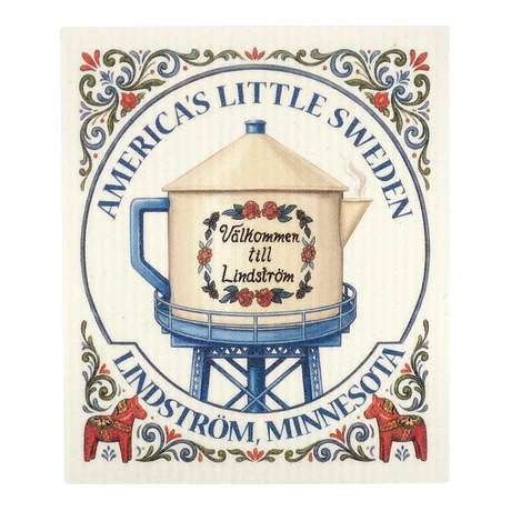 Swedish-style dishcloth featuring a water tower with “Välkommen till Lindström,” floral patterns, and “Americas Little Sweden” text.