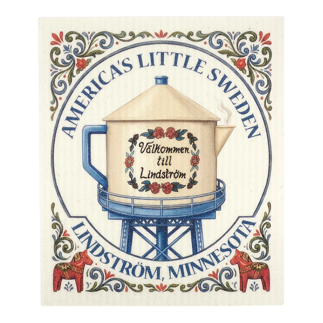 Swedish-style dishcloth featuring a water tower with “Välkommen till Lindström,” floral patterns, and “Americas Little Sweden” text.