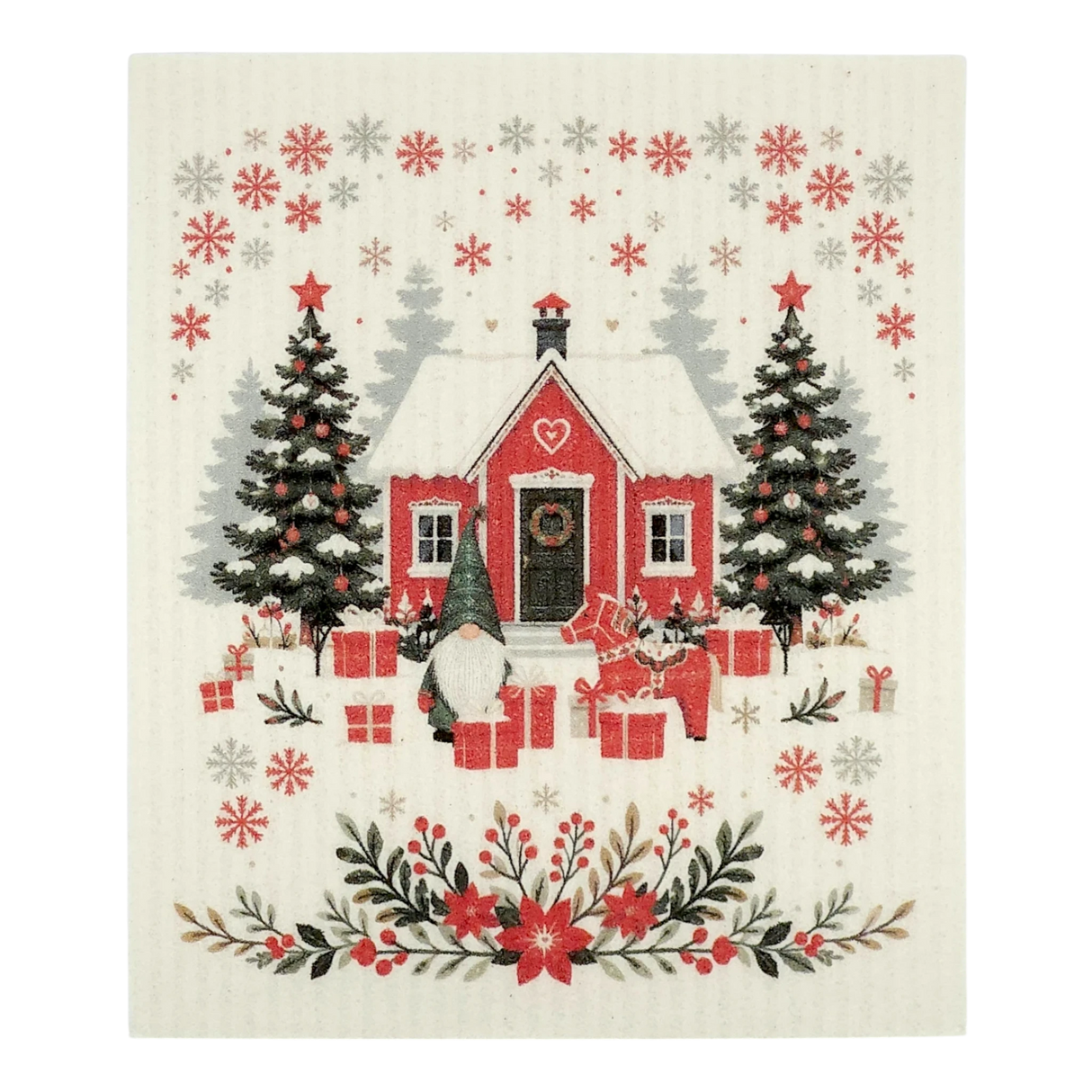 A Scandinavian-style dishcloth featuring a red house with snow, Christmas trees, gifts, a gnome, and a cat in a winter scene.