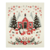 A Scandinavian-style dishcloth featuring a red house with snow, Christmas trees, gifts, a gnome, and a cat in a winter scene.