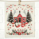 Scandinavian-style design featuring a red house with snow, two Christmas trees, gifts, a gnome, reindeer, and red flowers on the product.