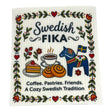 The Swedish Gift Store’s Dishcloth: Swedish Fika Traditional Swedish Dishcloth displays FIKA with coffee, pastries, a blue Dala horse, flag, and florals—bringing cozy Scandinavian charm. Text reads: Coffee. Pastries. Friends. A Cozy Swedish Tradition.