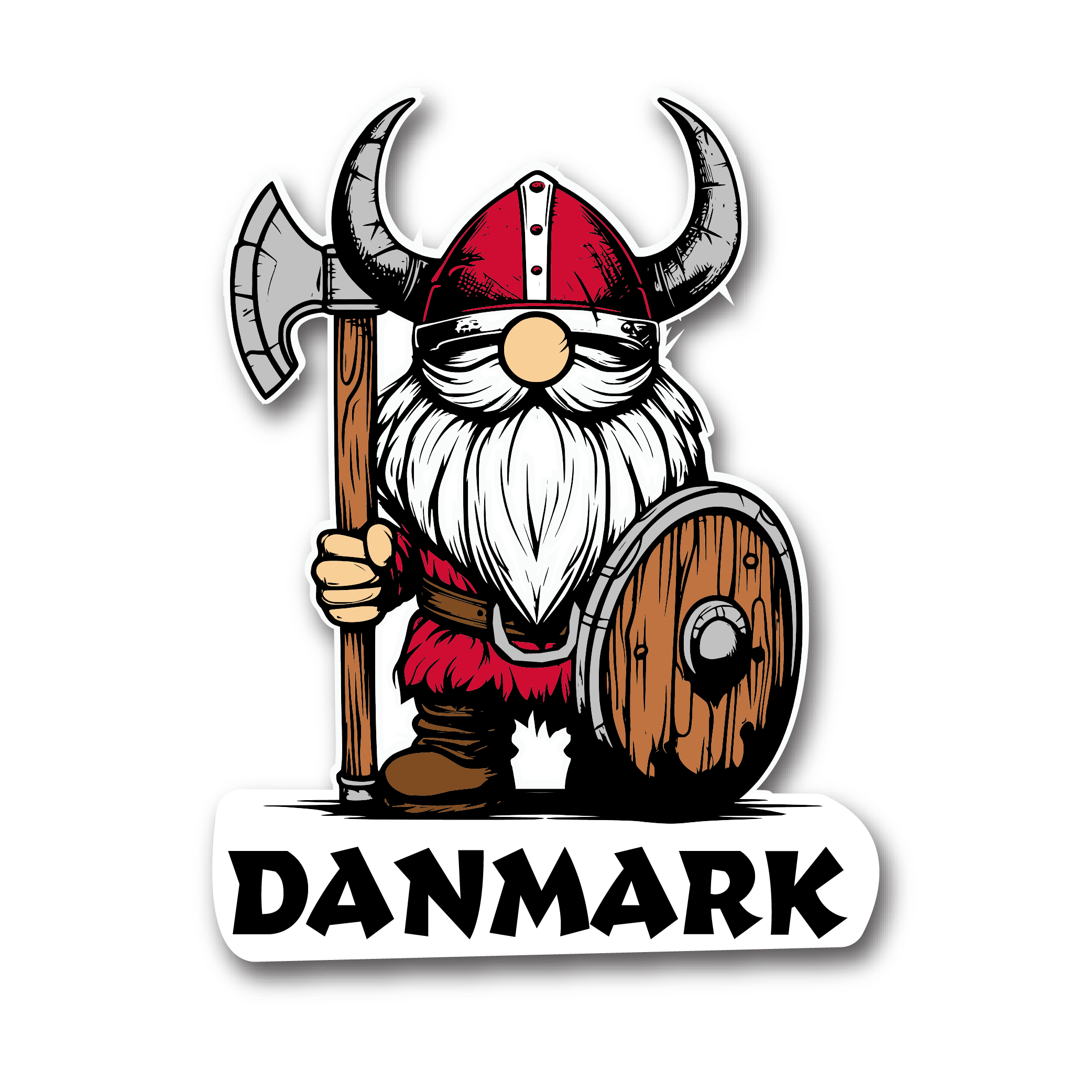 Illustration of a cartoon Viking wearing a horned helmet and holding an axe and shield, with the bold text "Danmark" beneath, making it ideal for the Sticker: Viking Danmark design.