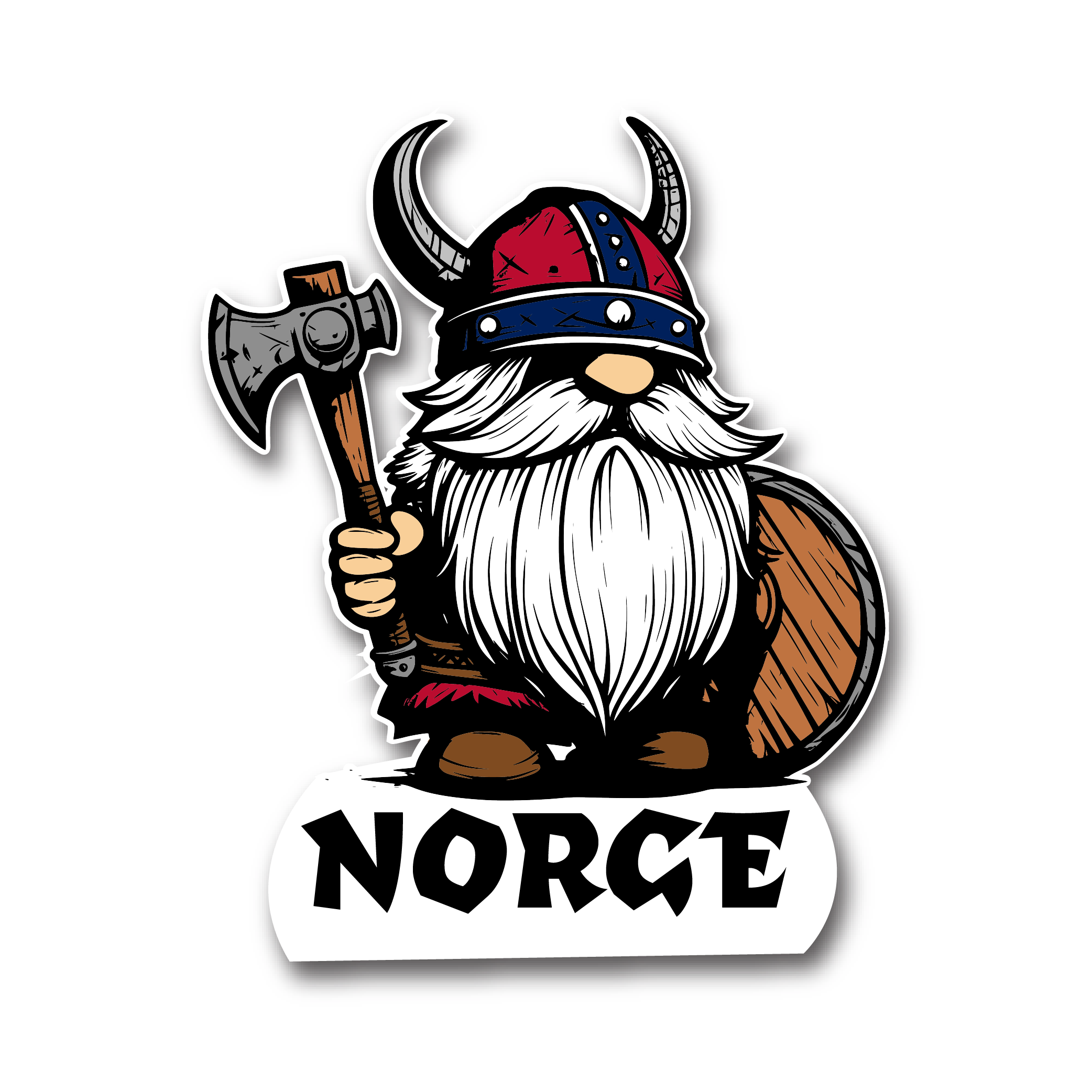 A cartoon Norwegian Viking gnome with a red helmet, an axe, and a shield stands over Norge, dressed in vibrant Norway flag colors. Perfect as the Sticker: Viking Gnome Norge - Norway!.