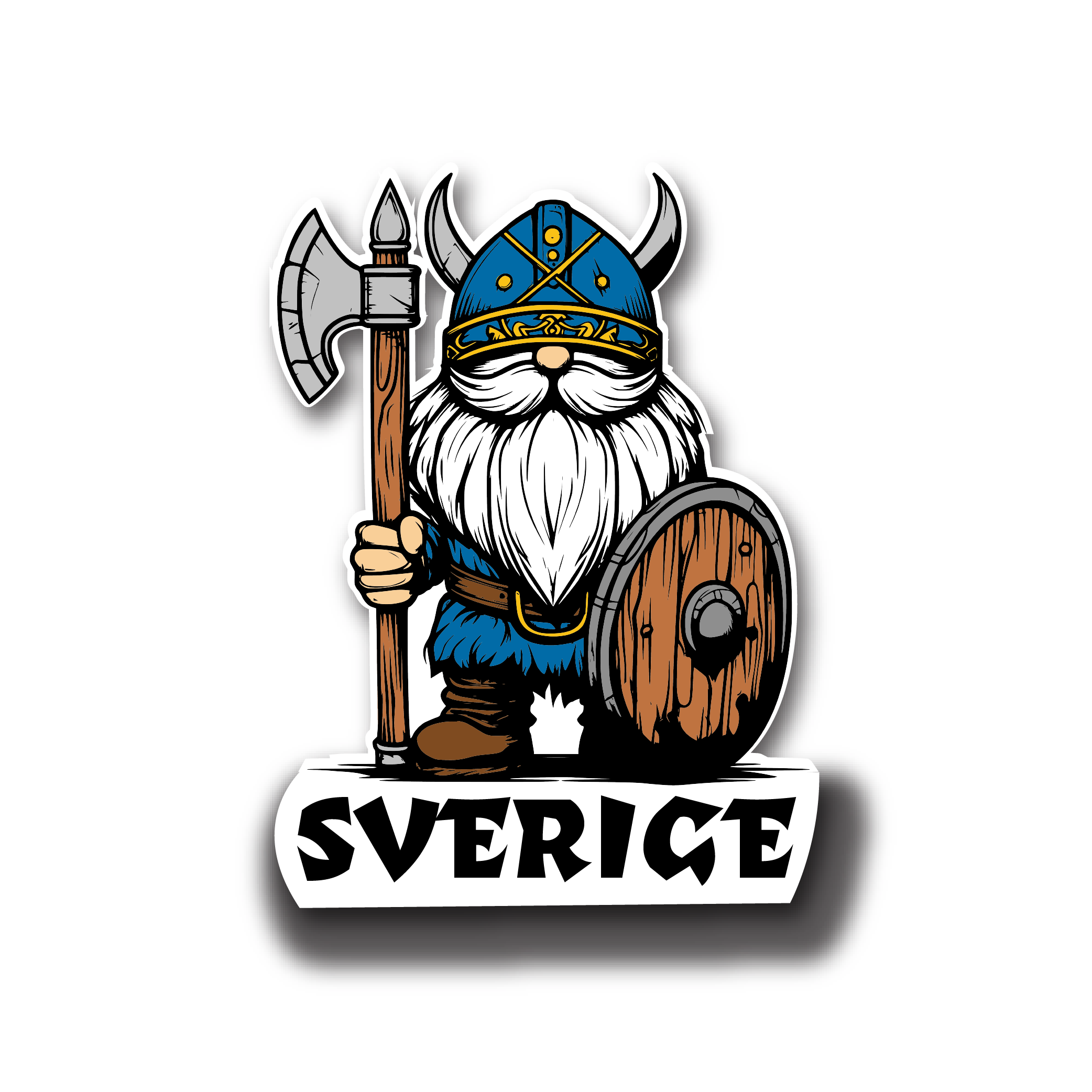 The Sticker: Viking Gnome Sverige - Sweden portrays a cartoon Viking gnome with a white beard, blue outfit, horned helmet, axe, and shield, embodying the essence of a Swedish Viking.