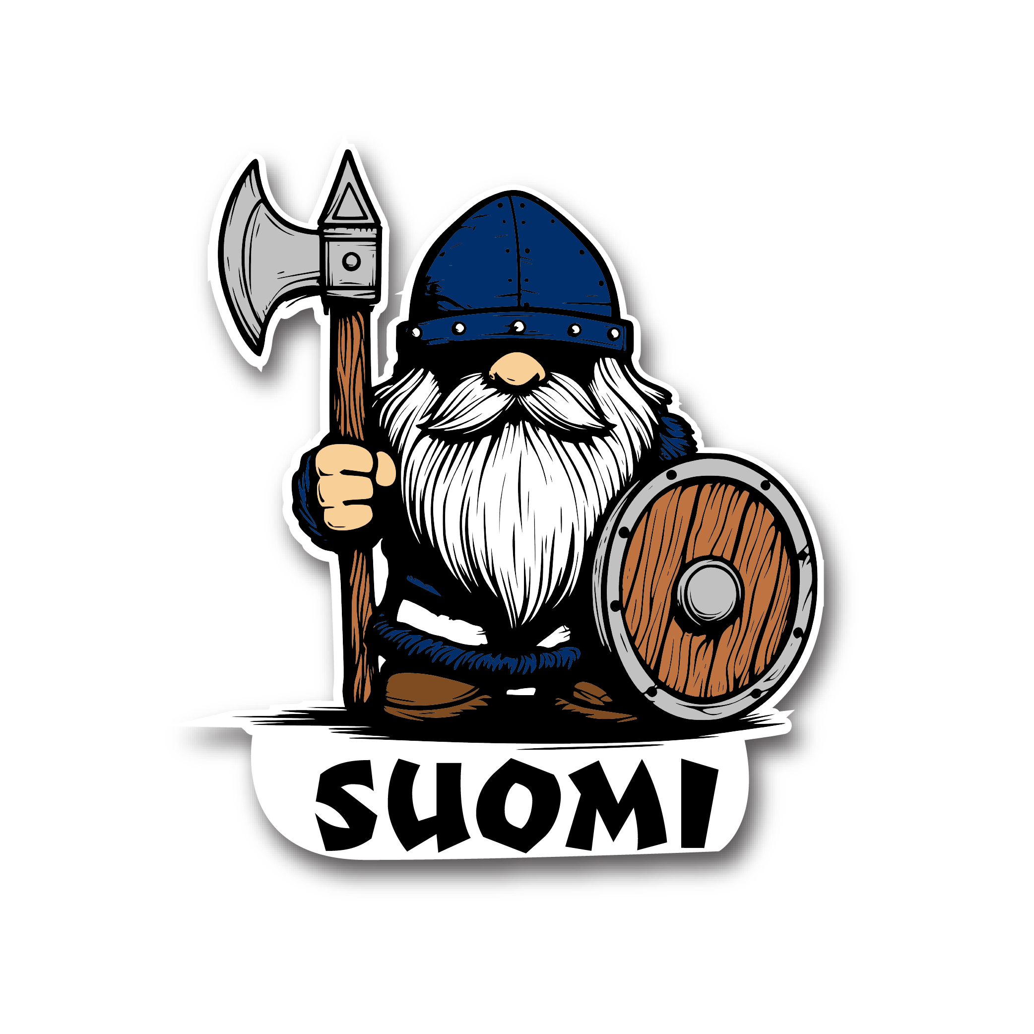 The "Sticker: Viking Suomi" showcases a cartoon Viking warrior wielding an axe and shield, adorned with a blue helmet and armor, with the word SUOMI prominently displayed beneath.