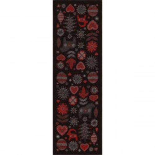 Runner featuring red and gray geometric and heart patterns on a black background, crafted from organic cotton by Ekelund Master Weavers, originally named "Black Relief.