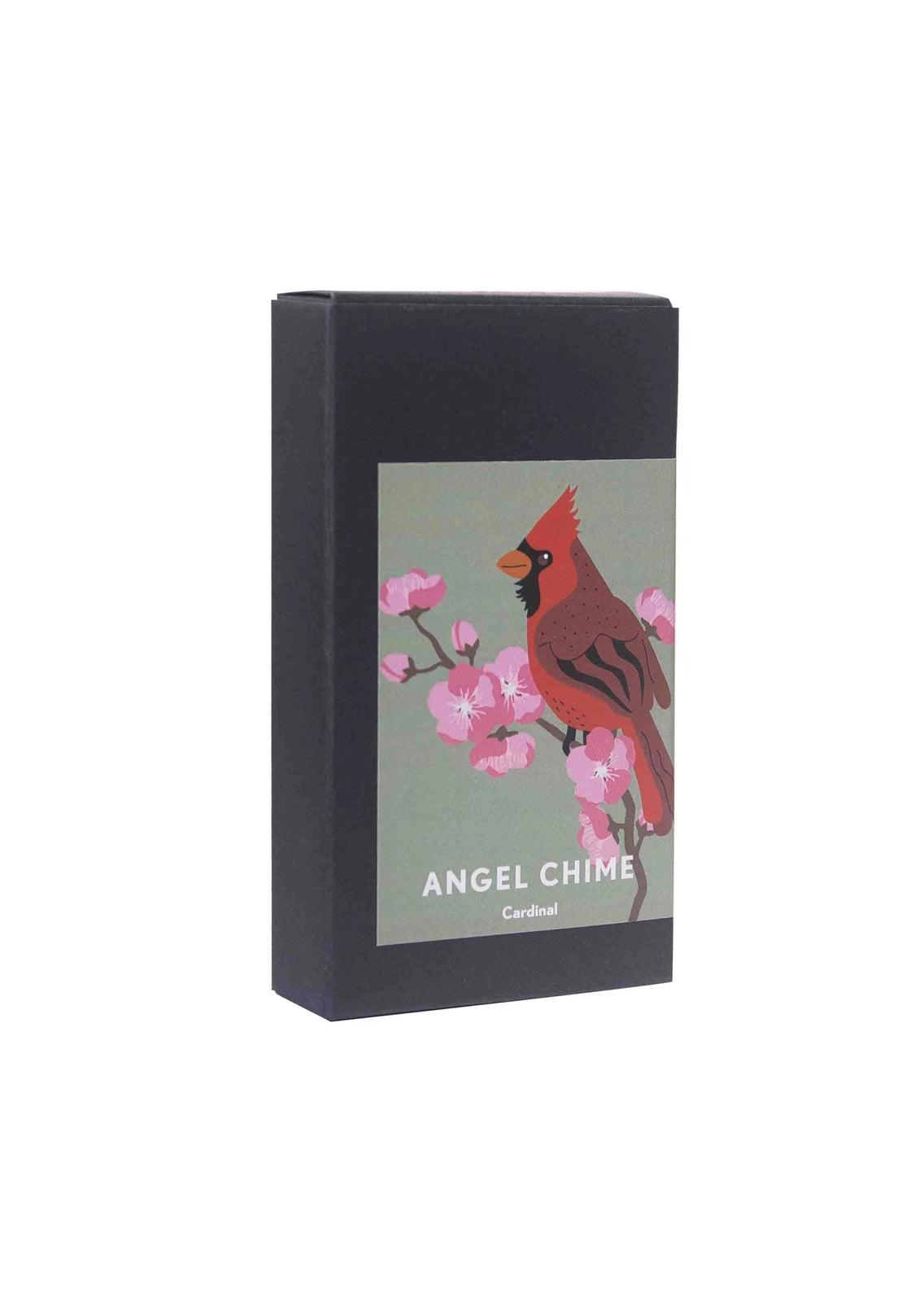 A black box with a Candle Holder: Pluto Design Cardinal Gold and Red Angel Chime label, displaying a cardinal on a cherry blossom branch, epitomizes elegance like an exquisite rotary candle holder.