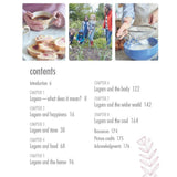 The Lagom Life: A Swedish Way of Living by Elisabeth Carlsson features a table of contents with images of pouring tea, gardening, and sifting flour. Chapters cover Swedish lifestyle concepts—happiness, work-life balance, food, home, and more.