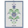 The Bla Kurbits Blue Swedish Flowers Kitchen Towel by Ekelund showcases a blue and green floral pattern on white, framed by a blue border. Made from organic cotton, this tea towel adds elegance to any space.