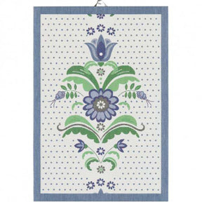 The Bla Kurbits Blue Swedish Flowers Kitchen Towel by Ekelund showcases a blue and green floral pattern on white, framed by a blue border. Made from organic cotton, this tea towel adds elegance to any space.