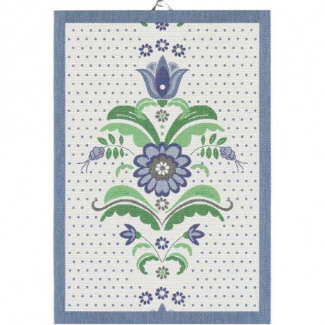 A rectangular Bla Kurbits tea towel by Ekelund Master Weavers showcases a blue and green floral pattern inspired by Swedish flowers on white, bordered in blue, measuring 14x20 inches.