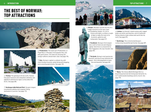 The book titled *Insight Guides Norway* offers a visual guide to Norway's travel experiences, featuring top attractions such as Preikestolen, museums, scenic landscapes, and traditional architecture. It provides detailed text and page numbers for further exploration.