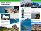 The book titled *Insight Guides Norway* offers a visual guide to Norway's travel experiences, featuring top attractions such as Preikestolen, museums, scenic landscapes, and traditional architecture. It provides detailed text and page numbers for further exploration.
