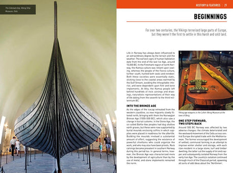 On the left, there's an image of a Viking ship in a museum, and on the right, an article titled Beginnings explores Viking history. This captivating scene is ideal for those interested in Norway travel and offers rich insights similar to what you’d discover in the book "Insight Guides Norway" or other visual travel guides.
