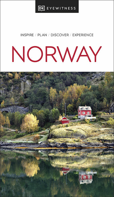 The cover of "Eyewitness Norway" showcases a picturesque scene of a red house and trees beside a tranquil lake, framed by majestic cliffs. It serves as the ideal travel guide for discovering hikes in Jotunheimen and the stunning Norwegian fjords.