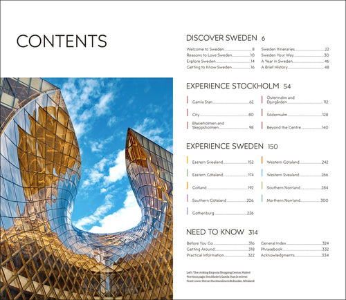 Table of contents from 'Eyewitness Sweden,' a travel guide featuring a modern glass building beneath a blue sky. Sections cover Discover Sweden, Experience Stockholm, Need to Know, and explore topics like the Northern Lights and New Nordic cuisine.