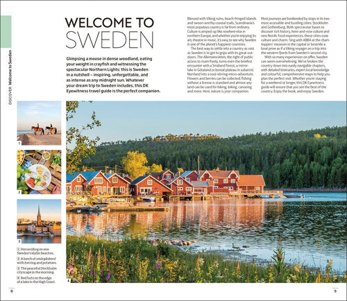 A picturesque scene of classic red houses lining a Swedish lake, embraced by lush trees and a pristine sky, encapsulates the spirit of "Eyewitness Sweden." A small inset highlights New Nordic cuisine—featuring a dish and drink on an al fresco table. This calming image is enhanced by insights into Sweden's allure.