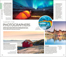 The magazine page showcases breathtaking landscape photos, including the Northern Lights, a picturesque red house by the sea, and a stunning iceberg. Alongside a scenic city view, the text highlights ten talented travel photographers, making it an inspiring Sweden travel guide for enthusiasts. For more detailed insights, consider exploring the "Book: Eyewitness Sweden.